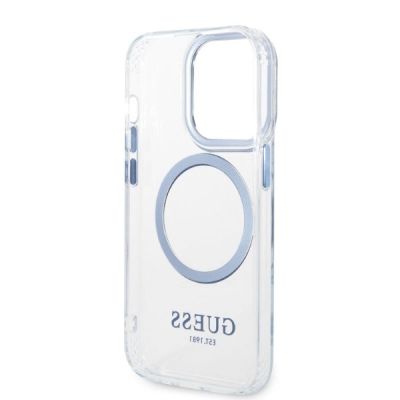7. Etui Guess Metal Outline MagSafe na iPhone 14 Pro - niebieskie