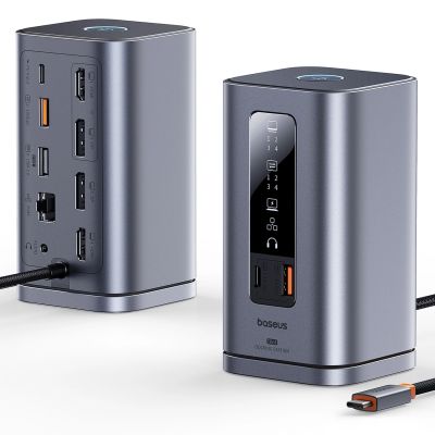 2. Stacja dokująca Baseus Spacemate RD1 hub 11w1 USB-C - 2xHDMI 4K@60Hz 2xDP 4K@60Hz 2xUSB-A 10Gb/s USB-C 10Gb/s RJ45 USB-A 480Mb/s USB-C PD mini jack 3.5mm ładowarka EU - szara