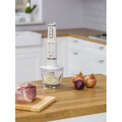 3. Blender ręczny-zestaw MPM MBL-43, pojemnik 500 ml z nożem ze stali nierdzewnej, przystawka miksująca ze stali nierdzewnej, Moc: 600W