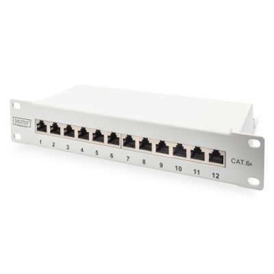 2. Digitus Panel krosowy (patch panel) 10'' 12x RJ45, LSA poziom, kat.6A, ekranowany, 1U, szary, prowadnica kabli