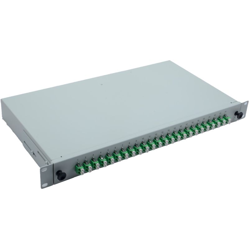 3. Skrzynka spawów światłowodowych 19" 24 x LC/APC Duplex OS2, zakończona spawami, szara
