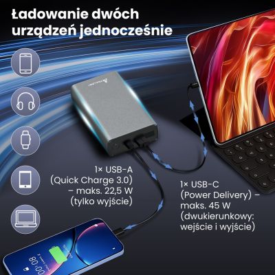 13. Extralink Powerbank EPB-126 20000mAh Srebrny Power bank, 45W PD, USB-C