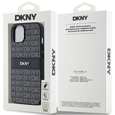 8. Etui DKNY Leather Mono Stripe & Metal Logo na iPhone 15 / 14 / 13 - czarne