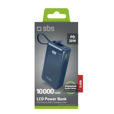 2. Powerbank SBS 10000 mAh 20W z wbudowanym kablem USB-C i wyświetlaczem cyfrowym - ciemnoszary