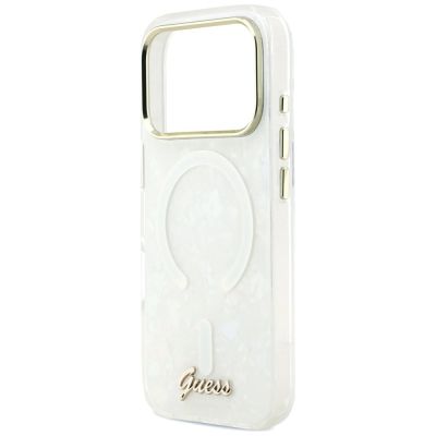 6. Etui Guess IML Shell Script Metal MagSafe na iPhone 17 Pro Max - białe
