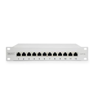 9. Digitus Panel krosowy (patch panel) 10'' 12x RJ45, LSA poziom, kat.6A, ekranowany, 1U, szary, prowadnica kabli