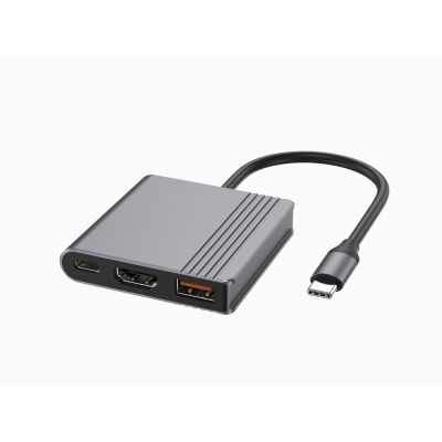 GEMBIRD MULTI ADAPTER USB TYPU C 3 W 1 (PORT USB + HDMI + WIDEO USB-C), KOLOR SZARY