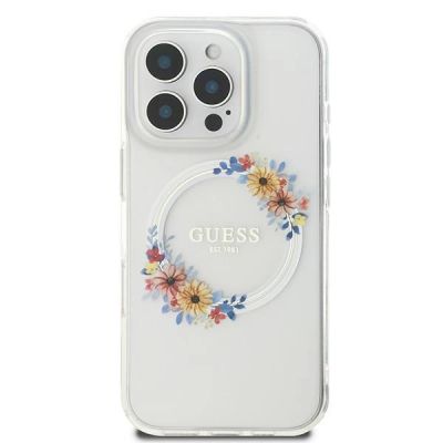 3. Etui Guess IML Flowers Wreath MagSafe na iPhone 16 Pro - przezroczyste