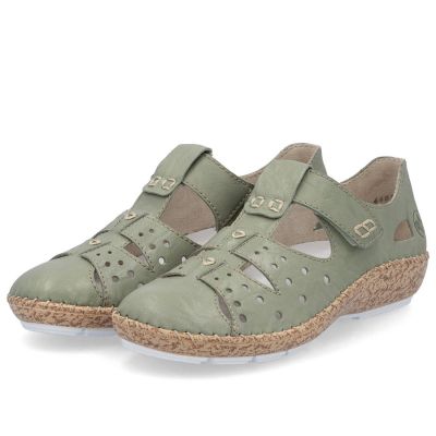 19. Półbuty damskie na rzep komfortowe ażurowe zielone Rieker 44852-52