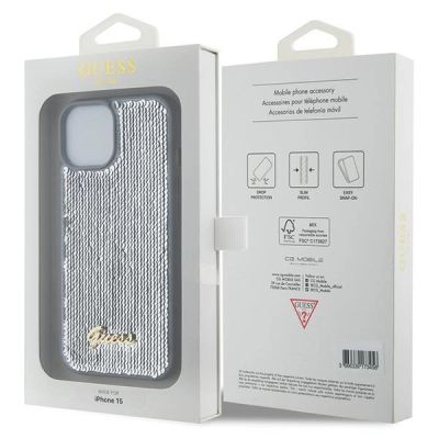 8. Etui Guess Sequin Script Metal na iPhone 15 - srebrne