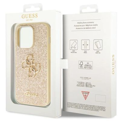 8. Etui Guess Glitter Script Big 4G na iPhone 14 Pro - złote