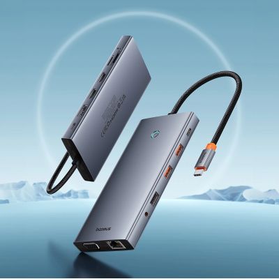 7. HUB Baseus PortalJoy Series 13w1 USB-C - 2x HDMI / DP / VGA / USB-A 3.1 / USB-C 3.1 / USB-A 2.0 / PD / RJ45 / SD / TF / AUX - szary