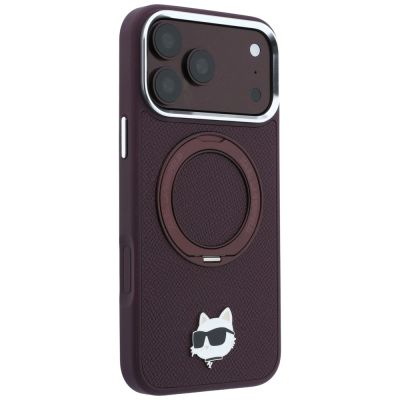 4. Etui Karl Lagerfeld with Ring Stand 360 Choupette Head Pin MagSafe na iPhone 18 Pro / 17 Pro - burgundowe