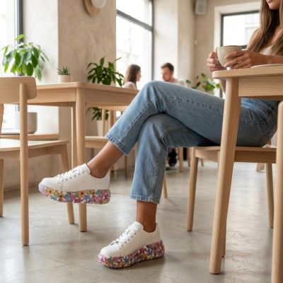 10. Skórzane półbuty sneakersy na platformie w kwiaty białe Filippo DP7507