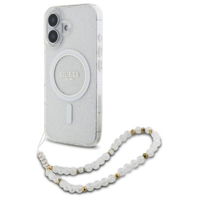 Etui Guess IML Glitter With Pearl Strap MagSafe na iPhone 16 Plus - przezroczyste