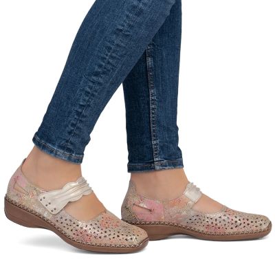 5. Skórzane półbuty damskie na rzep ażurowe multikolor Rieker 41399-92