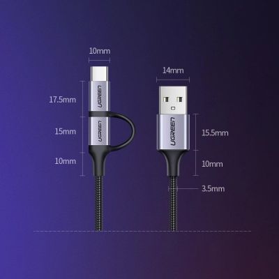 13. Ugreen kabel przewód 2w1 USB - micro USB / USB Typ C 1m 2,4A czarny (30875)