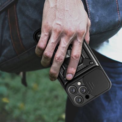 10. Etui Hybrid Armor Camshield na iPhone 16 Pro pancerne z osłoną na aparat z podstawką - czarne