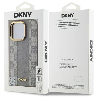 8. Etui DKNY Leather Checkered Mono Pattern MagSafe na iPhone 14 Pro - beżowe