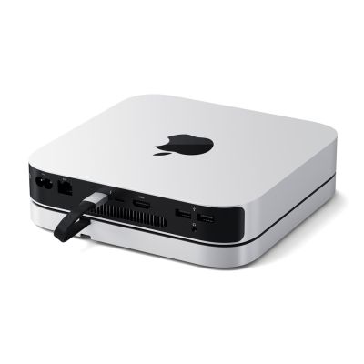 3. Satechi Stand & Hub - podstawka i hub do Mac Mini/Studio (USB-C 3.2, USB-A 3.2, 2x USB-A 3.0, 3,5mm jack, port micro/SD, NVMe/M.2 SATA SSD)