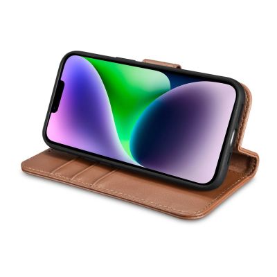9. iCarer Wallet Case 2in1 etui iPhone 14 skórzany pokrowiec z klapką Anti-RFID brązowy (WMI14220725-BN)