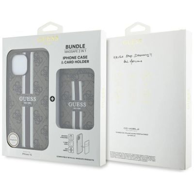 6. Etui Guess 4G Stripes z portfelem Magsafe do iPhone 15 brązowy