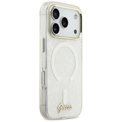 4. Etui Guess IML Shell Script Metal MagSafe na iPhone 17 Pro Max - białe