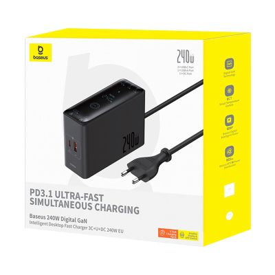 7. Ładowarka sieciowa Baseus Digital GaN 3xUSB-C 1xUSB-A 240W z kablem zasilającym - czarna