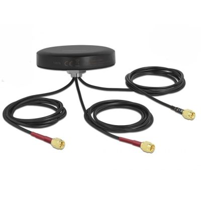 3. DeLOCK Antena dwupasmowa LTE MIMO WLAN 802.11 ac/ax/a/h/b/g/n 3 x SMA męski RG-174 1 m montaż na śruby, polowa, czarna
