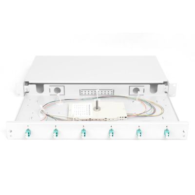 Panel krosowy FO z wyposażeniem 19'' 1U, 6x LC dx, OM3, pigtaile, adaptery, tacki, wysuwany, szary