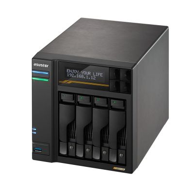 10. NAS Asustor AS6804T; Tower; 4x (3.5" SATA HDD/ 2.5" SSD); AMD Ryzen Embedded V3C14; 16G ECC DDR5 SODIMM (max. 64GB), 2x 10GbE, 2x 5GbE, 4x M.2 2280 NVMe PCIe 4.0, 2x USB4, 2x USB 3.2 Gen, 1x optional 10 GbE card