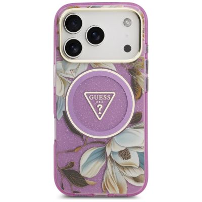3. Etui Guess IML Glitter Flowers Triangle MagSafe na iPhone 17 Pro / 18 Pro - fioletowe