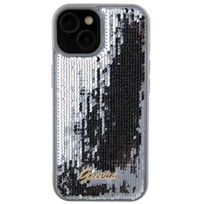 3. Etui Guess Sequin Script Metal na iPhone 15 - srebrne