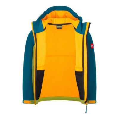 3. Kurtka Trollkids Kristiansand Softshell zielony gruszkowy/zielony lagunowy/zachód słońca na Saharze (320-360)