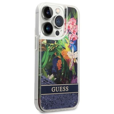 4. Etui Guess Flower Liquid Glitter na iPhone 14 Pro - niebieskie