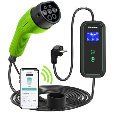 11. Qoltec 52476 Mobilna ładowarka do samochodu elektrycznego EV z regulacją 2w1 Typ2 | 3.5kW | 230V | Wi-fi | LCD | Przenośna | Wallbox | 5m