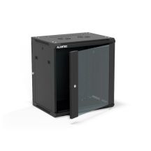 Szafa wisząca 19" 12U 600x450, (opcja dwusekcyjna) drzwi szklane jednoskrzydłowe, tył osłona pełna demontowalna, osłony boczne pełne demontowalne zamykane na klucz, 4 belki, kolor czarny, do samodzielnego montażu - Flat Pack, ALANTEC