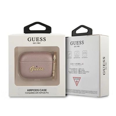 3. Etui Guess Saffiano Script Metal Collection na AirPods Pro - różowe