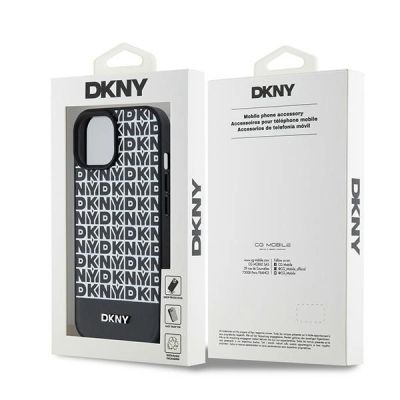 8. Etui DKNY Leather Printed Pattern Metal Logo MagSafe na iPhone 15 / 14 / 13 - czarne