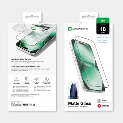 6. Szkło hartowane matowe AMAZINGTHING Titan +Care Matte Glass na iPhone 18 Pro z ramką montażową