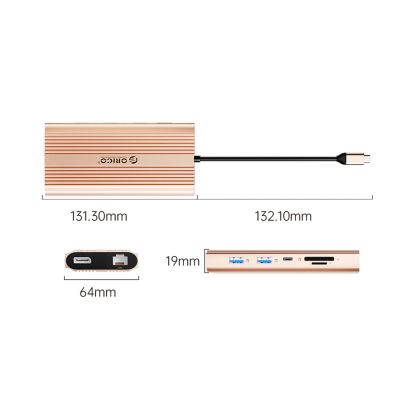 2. Stacja dokująca USB-C Orico XDR 12w1 USB-A USB-C 2x HDMI 4K 60Hz DisplayPort 4K 60Hz RJ45 Gigabit PD 100W czytnik kart SD i microSD - różowo-złota
