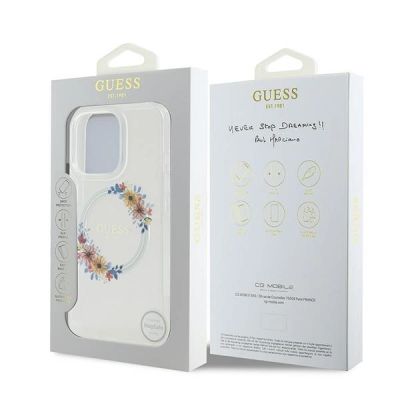 8. Etui Guess IML Flowers Wreath MagSafe na iPhone 16 Pro - przezroczyste