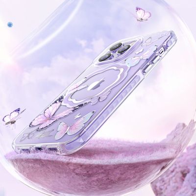 4. Kingxbar Butterfly Series magnetyczne etui iPhone 14 Plus MagSafe etui z motylami różowe