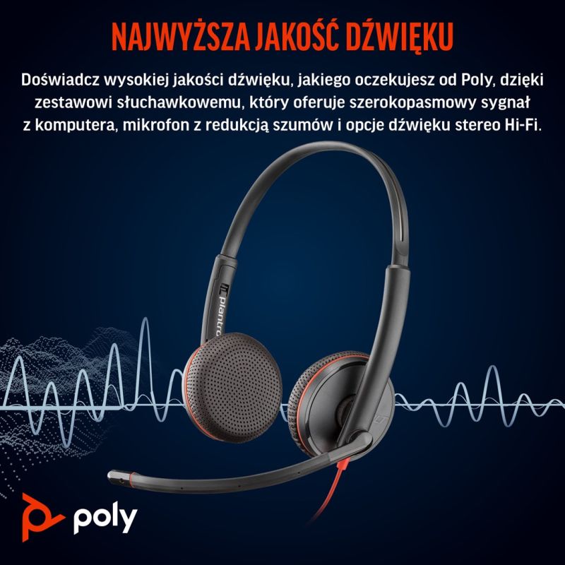 25. POLY Zestaw słuchawkowy Blackwire 3225 Stereo USB-C + wtyczka 3,5 mm + przejściówka USB-C/A