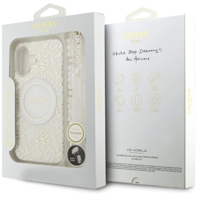 8. Etui Guess IML Flowers Electro Pearl Strap MagSafe na iPhone 17 - białe