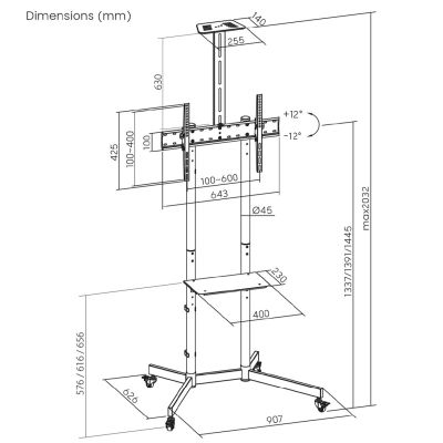 15. MACLEAN STAND / WÓZEK DO TV, PÓŁKA NA KAMERĘ, NA KÓŁKACH, 37-70", MAX. OBCIĄŻENIE 45KG/5KG PÓŁKA, MAX. VESA 600X400 MC-113 B