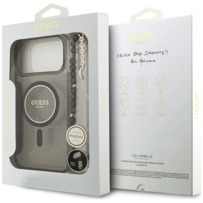 8. Etui Guess IML Glitter Pearl Strap MagSafe na iPhone 18 Pro / 17 Pro - czarne