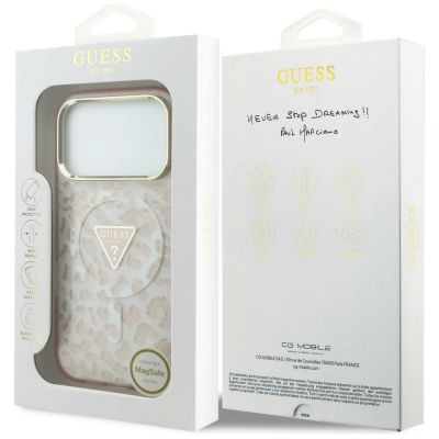 8. Etui Guess IML Leopard Glitter Triangle Logo MagSafe na iPhone 17 Pro / 18 Pro - różowe