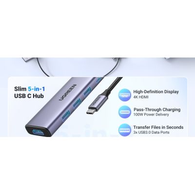 3. Ugreen Wielofunkcyjny HUB 5w1 USB-C  - HDMI 1.4 / 3 x USB-A / USB-C PD 100W CM511 - szary