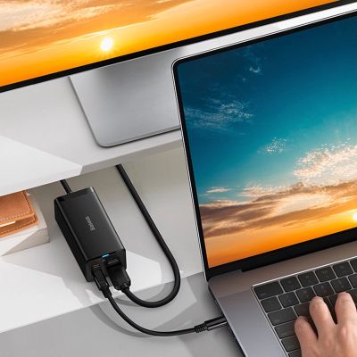 11. Ładowarka sieciowa GaN5 Baseus CCGP110201 67W HUB HDMI 2x USB-C / USB-A / HDMI 4K 30Hz 1,5m - czarna + kabel USB-C - USB-C 100W 1m